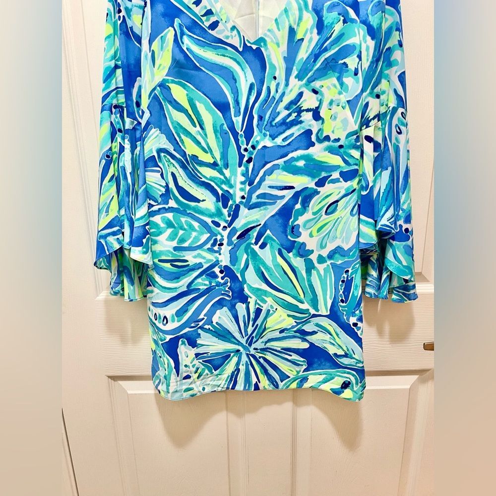 Lilly Pulitzer Dress Rosalia Beckon Blue Palm Passage Crepe Flounce Sleeves 00 - Picture 4 of 11